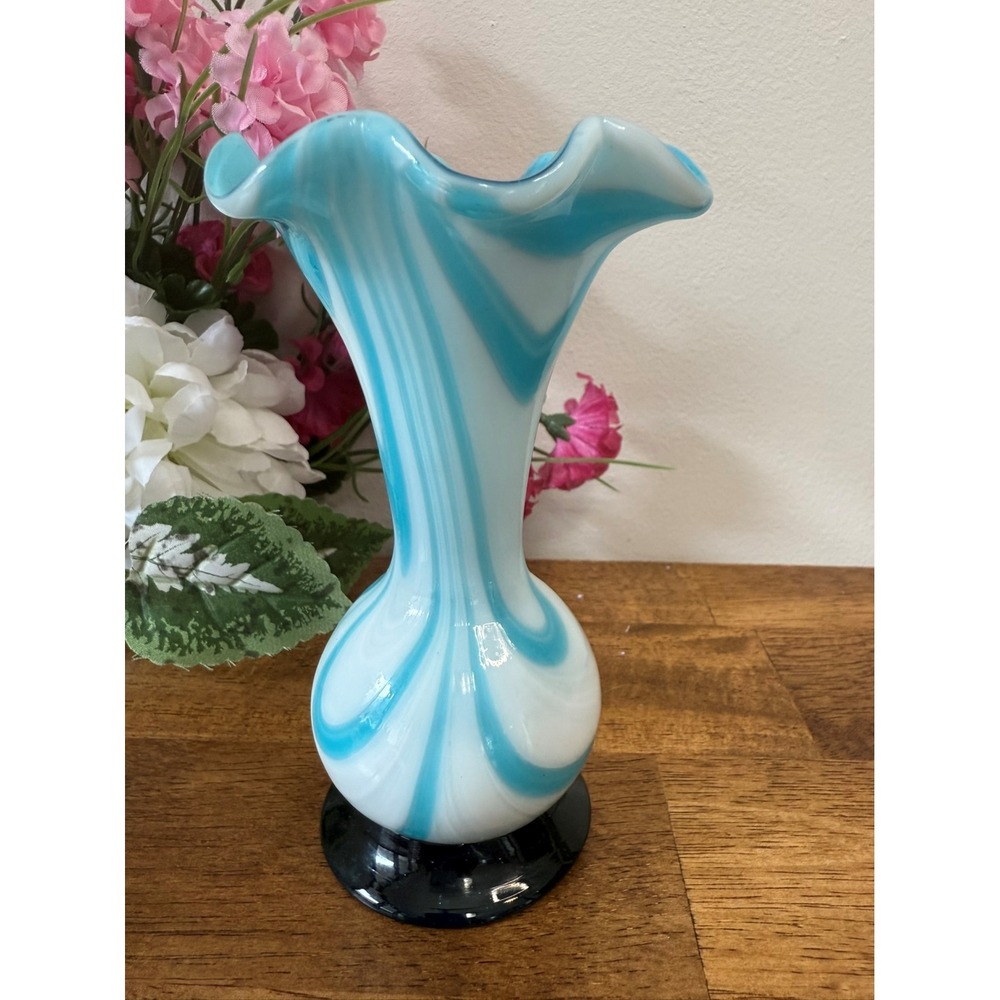 Vintage Turquoise White Swirled Art Glass Vase‎ Ruffled Rim Hand Blown Pedestal